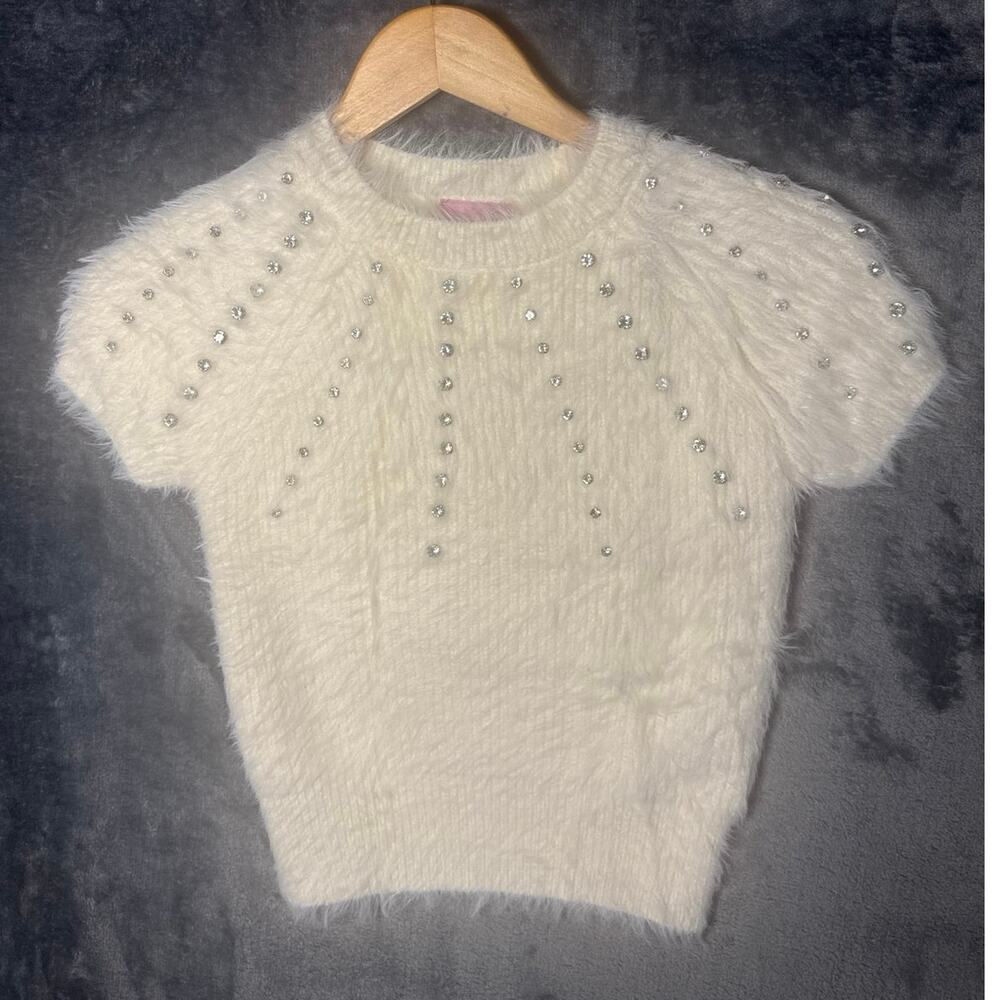 MUSE Ivory Fuzzy Knit Sweater Rhinestone Crystal Embellished Shrt
Sleeve Crew XS